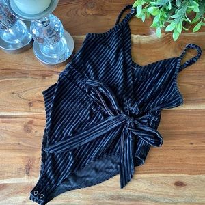 Black Suede Lines Body Suit With Bow